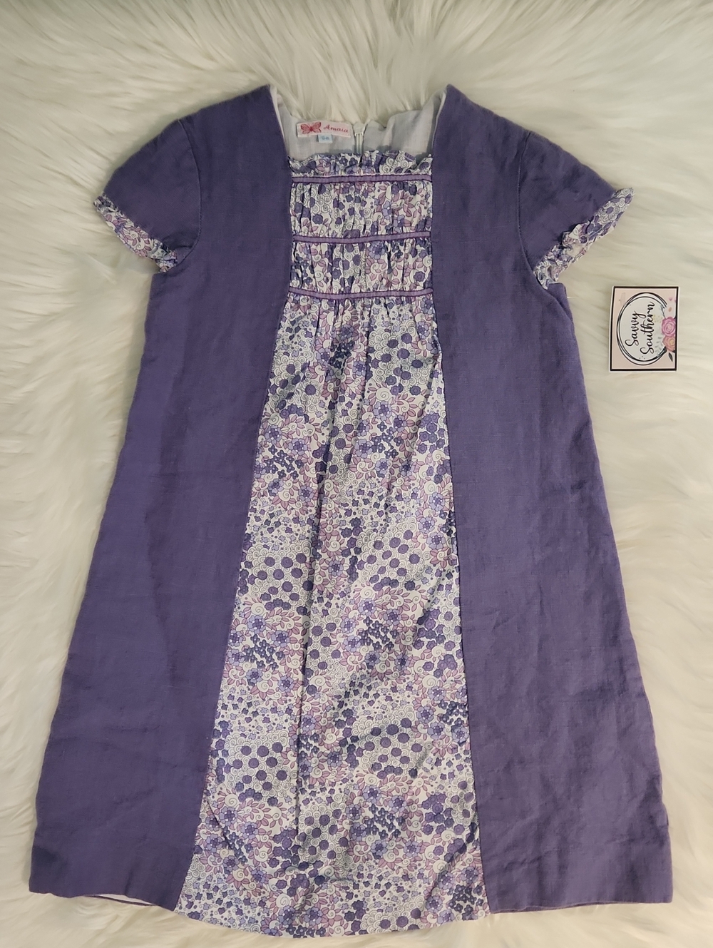 Lavender Purple Floral Paneled Girls Dress - Size: 6 - Brand: Amaia